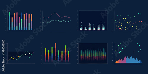 Abstract data visualization with various charts and colorful graphs displayed
