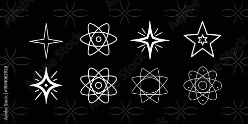 White geometric star and orbital symbols on a black background
