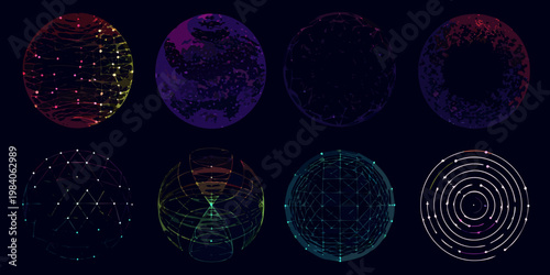 Abstract geometric forms with colorful gradients and wireframe structures