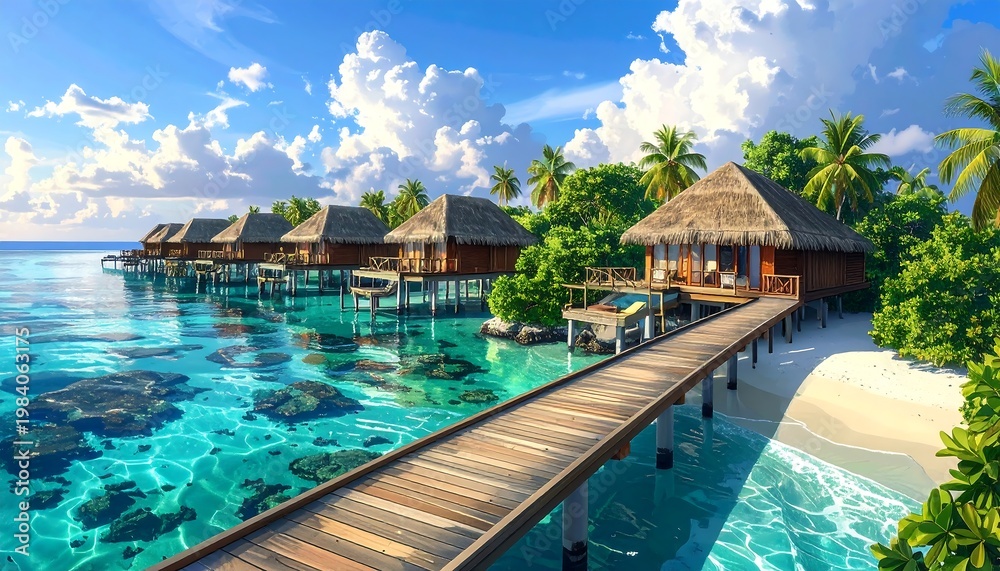 Obraz premium A serene tropical island with huts over crystal-clear waters