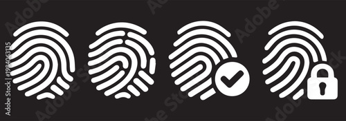 Fingerprint Scan Icon Set – 4 Black Verified Lock Approved Biometric Authentication Symbol Vector Collection. Fingerprint liner icon set. Access, identity verification and security scan vector pack