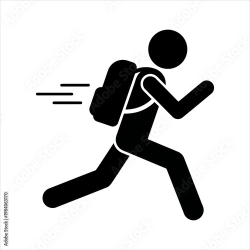 Running person with backpack icon with motion lines indicating speed