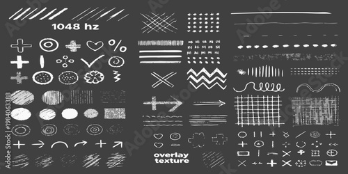 Collection of hand drawn white scribble shapes and lines on black background