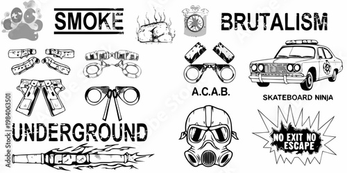 Collage of rebellious symbols smoke brutality and underground culture