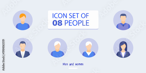 Illustration of an icon set featuring eight diverse people portraits