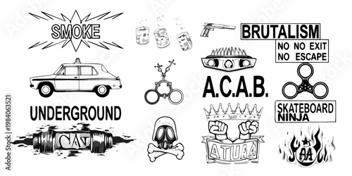 Black and white sketch collage featuring protest symbols and urban elements