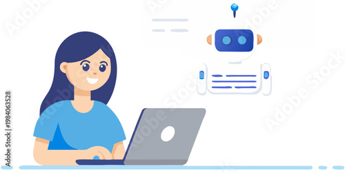 Woman interacting with a robot via a laptop and messaging interface