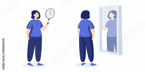 Woman examining her reflection with a magnifying glass seeking self perception