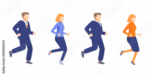 Isometric illustration of four business professionals actively running forward