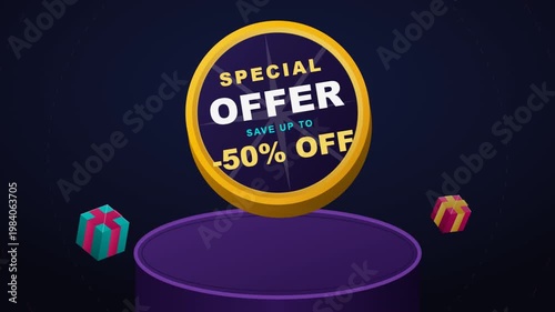 Discount Offer Promotion Displayed on Purple Podium with Colorful Gifts