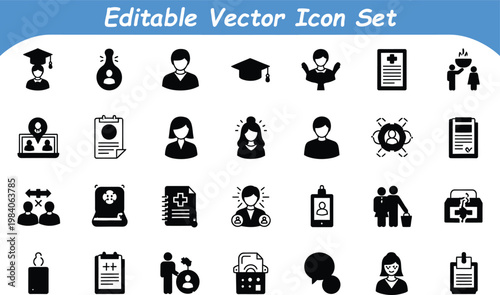 Editable vector icon set: education and healthcare symbols with education graduation learning healthcare