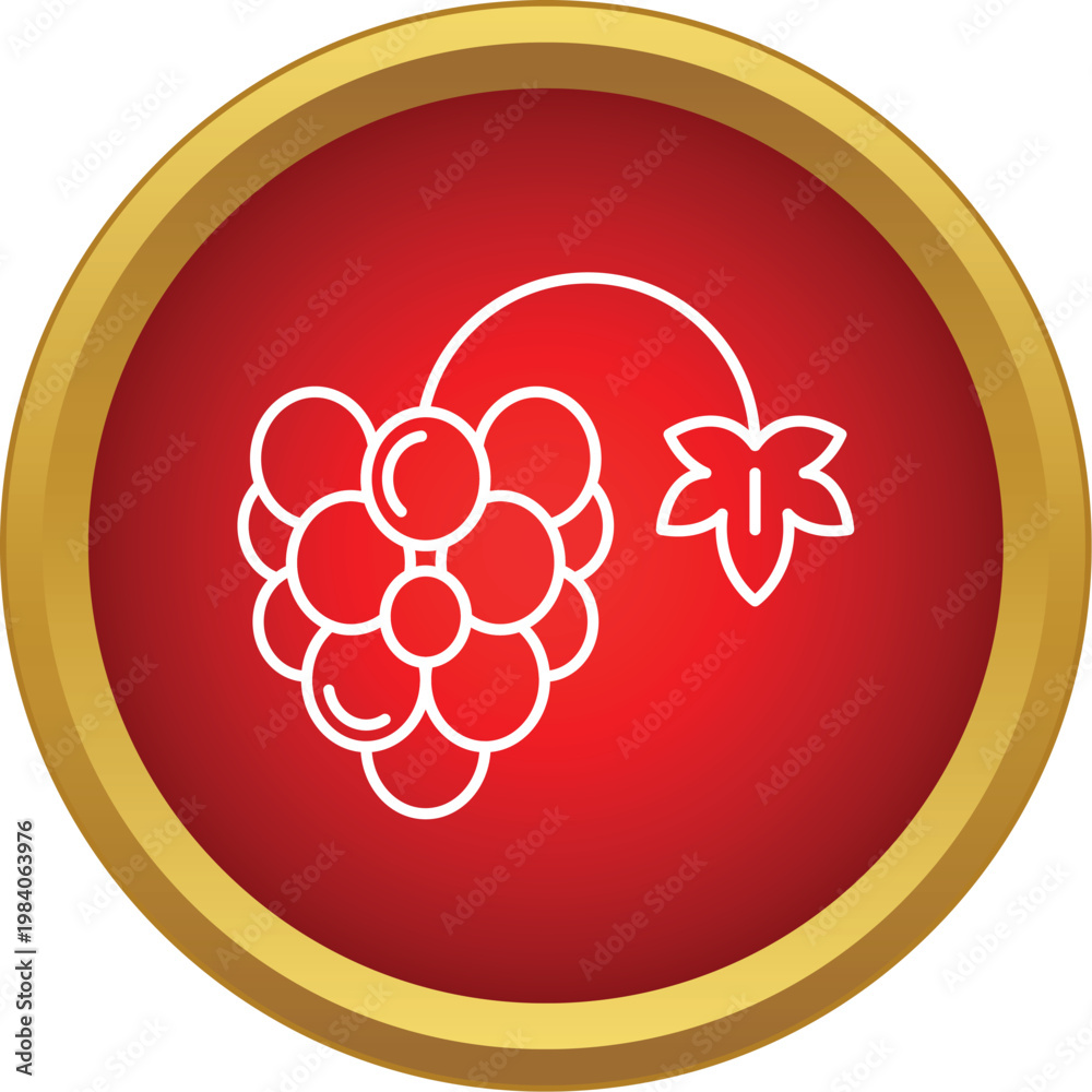 Naklejka premium Grape cluster and vine leaf line art icon on a red and gold button