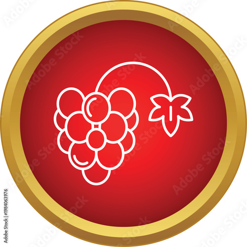 Grape cluster and vine leaf line art icon on a red and gold button