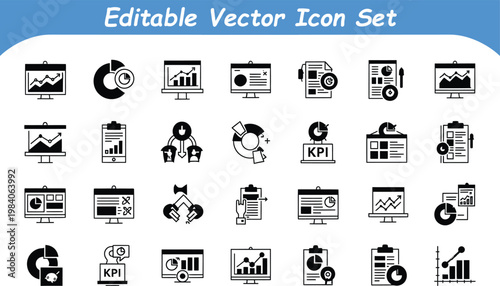 Business analytics and kpi performance metric editable vector icon set for corporate data reports with analytics