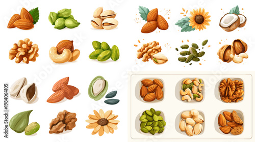 Assorted nuts and seeds collection with almond pistachio cashew walnut sunflower and coconut in realistic flat style for snack packaging healthy food and grocery design