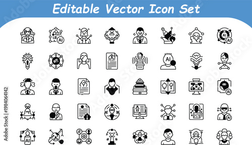 Machine learning and artificial intelligence editable vector icon set for data science and algorithms with big data
