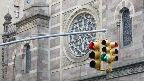 New York Central Synagogue old historic building 1872, Lexington avenue, United States of America. Jewish congregation in Manhattan. Judaism religion landmark. Star of David geometry ornament. Window.