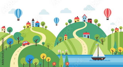 Colorful landscape with hot air balloons boat and houses on transparent background silhouette