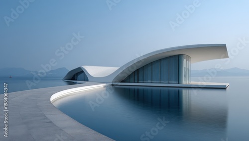 Modern minimalist white building with curved roof over calm water