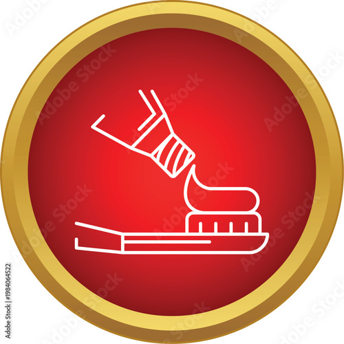 White line drawing of dental hygiene elements on a red circle with a golden border