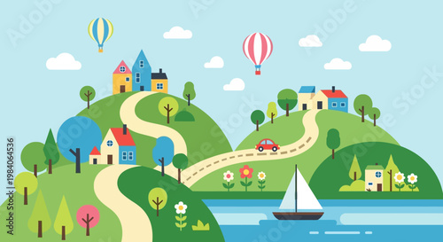 Whimsical landscape with colorful houses roads and hot air balloons on transparent background silhouette