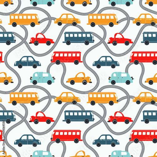  Patrón sin costuras con coches, autobuses y carreteras en estilo divertido.
