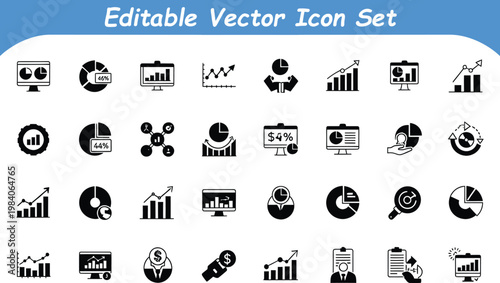 Data analytics and statistical chart icon set with various pie graphs bar charts and financial progress visuals