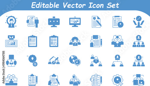 Set of blue business technology and network icons representing global communication organization and strategy