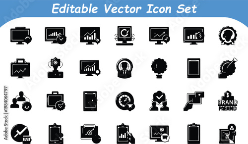 Corporate management and brand identity icon set featuring business security briefcase and monitoring graphics