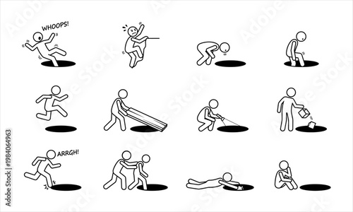 Stick figures depict various scenarios and actions related to a hole