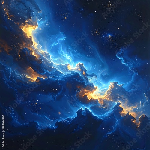 A vibrant cosmic scene with swirling blue and orange gas