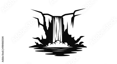 Black silhouette of a waterfall cascading into a pool.