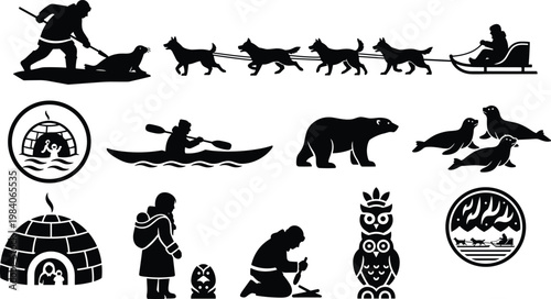 Arctic Inuit silhouettes, igloo, polar bear, seals, dog sled, kayak, northern lights, owl totem, hunting, fire making, cold culture illustration