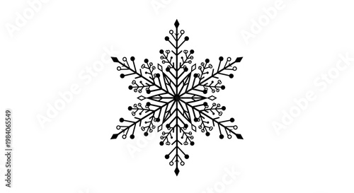 Det.ailed black snowflake illustration on white background, perfect for winter and holiday designs.