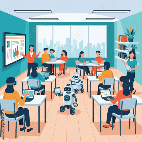 Students learning with robot in classroom.