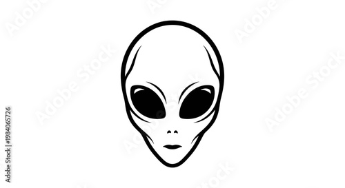 Stylized alien face with large black eyes and white background.