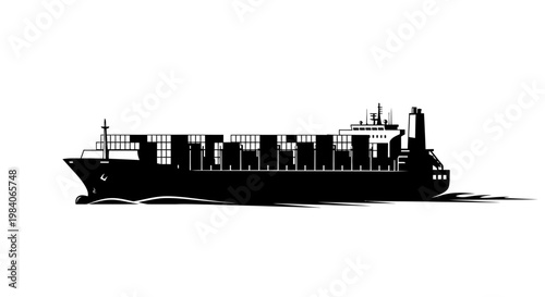 Black silhouette of a cont.ainer ship symbolizing global cargo logistics.