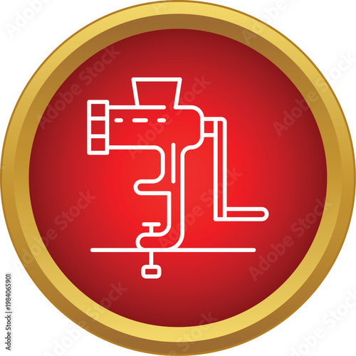 Manual meat mincer tool line icon on a red and gold circle