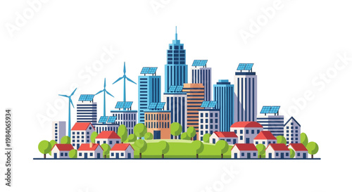 Sustainable futuristic cityscape with wind turbines and solar panels on transparent background silhouette