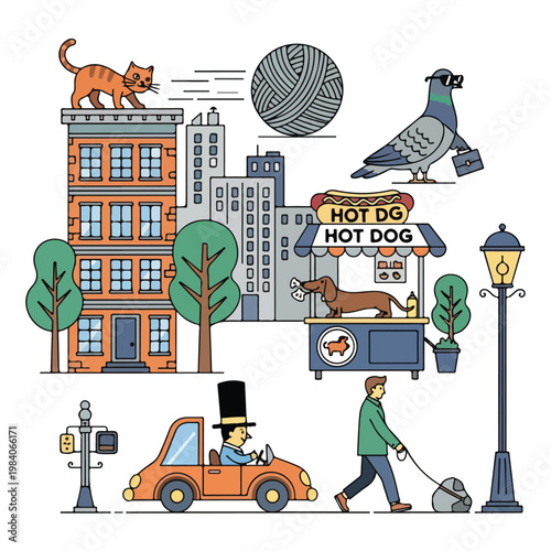 Cuadro en lienzo A cartoon city scene with various animals and people