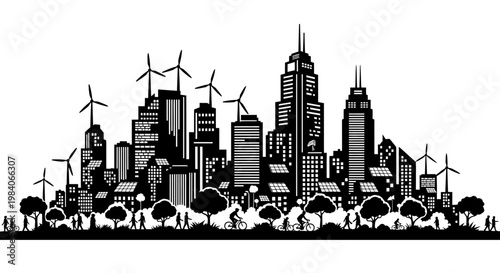 Modern city skyline with wind turbines and people on transparent background silhouette