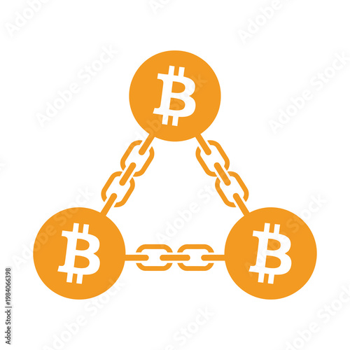 Vector of three orange bitcoin symbols connected by chains