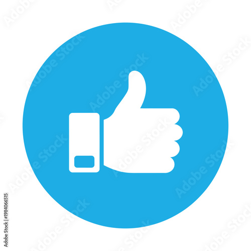 White thumbs-up vector icon centered on a vibrant blue circular background.