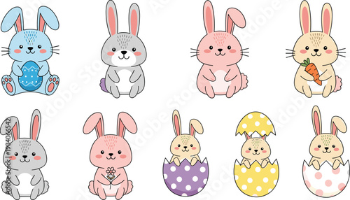 Set of Cute Hand-Drawn Easter Bunnies with Colorful Eggs, Carrots, and Floral Patterns for Spring and Holiday Designs