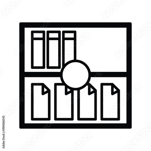 Vector of a bookshelf featuring neatly arranged books and a prominent magnifying glass