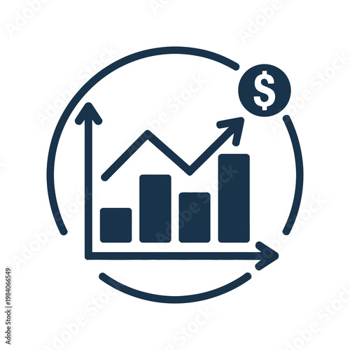 Vector of financial growth with a bar graph and a dollar sign within a circular arrow