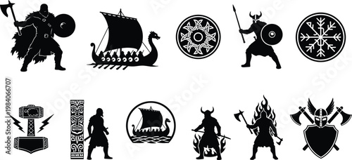 Viking warrior silhouettes, Norse mythology symbols, longship, Mjolnir hammer, Helm of Awe, horned helmets, axes, shields, flames, Scandinavian culture illustration