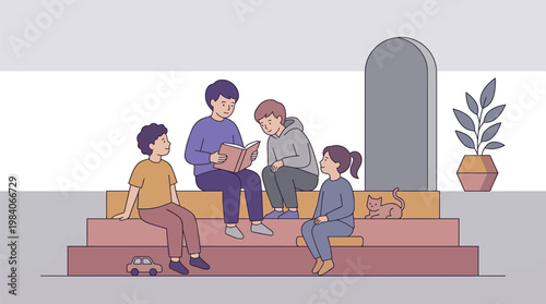 A group of children sit together on steps, with one child reading a book aloud.