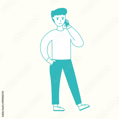 Illustration of a man on the phone call for marketing and social media, in a linear style, talking and gesturing