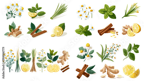Herb and spice collection with chamomile mint rosemary cinnamon ginger and lemon in flat style for tea packaging wellness branding and natural food design